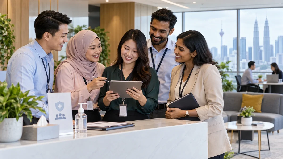 Employees gathered around a tablet in a Malaysian workplace